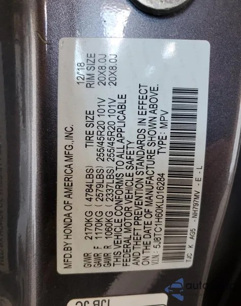 2019 Acura Rdx A-Spec from USA, damaged, VIN 5J8TC1H60KL016284